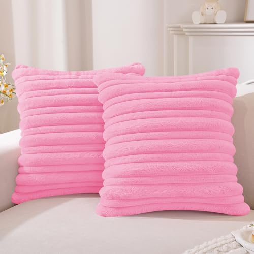 YSTELLAA 2er Set Plüsch Samt Kissenbezug 40x40, Weiche Künstliche Pelz Kissenbezüge, Flauschige Quadratische Kissenhüllen, Sofakissen Bezug Für Sofa Wohnzimmer Schlafzimmer, Rosa | Quadratische Kissenhülle aus Kunstpelz, gestreift, Dekoration für Zuhause, Wohnzimmer und Schlafzimmer