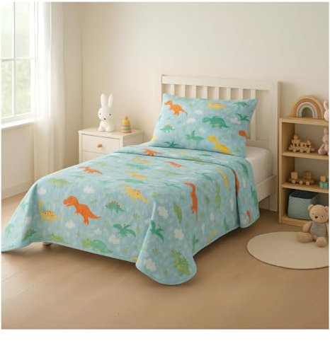 DECASATEXTIL - Colcha Infantil Cama 90 con Funda de Cojín – Colcha de Verano Transpirable y Ligera – Ropa de Cama para Niño y Niña – Colchas Lavables para Primavera Verano (JURASICO Cama 90/105)