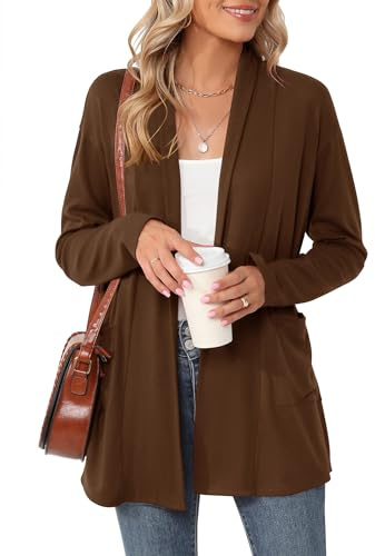 Rapbin Cardigans for Women UK, Long Sleeve Open Front Cardigans Casual Solid Color Waterfall Cardigans(Coffee,M)