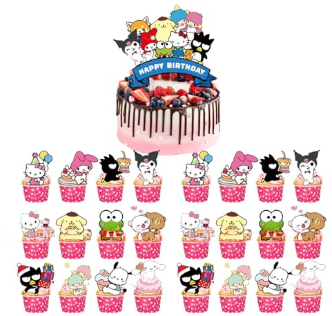 Yoimckay 25-teiliges Set mit Cartoon-Dekoration, Kuchen, Geburtstag, Kinder, Topper, Kuchen, Happy Birthday und Cupcake Topper, Cartoon, Kuchen, Themed Cute, Party, Dekoration, Geburtstag, Mädchen