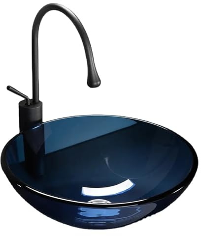 Lavandino da appoggio per Bagno, lavabo in Vetro Artistico, lavabo Rotondo con Rubinetto e Scarico a Scomparsa