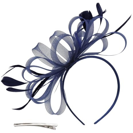 Marinblå Fascinator-Hårband för Kvinnor med Eleganta Fjädrar och Blommor, Håraccessoar för Bröllopsgäster, Tävlingsdag och Formella Evenemang
