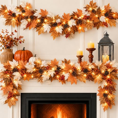 Herbstgirlande 1,8 m mit 30 vorinstallierten LEDs, Ahornblatt Herbstdeko | 30 warmweiße LEDs, vorinstallierte Lichterkette, Herbst Dekoration, Ahornblätter, Tannenzapfen & Beeren, Kamin- & Tischdeko