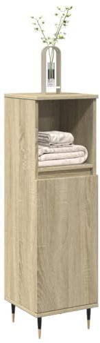 Bendmaxx Badskåp Sonoma-ek 30 x 30 x 100 cm trämaterial med 3 fack, kan monteras på vänster eller höger dörr, väggfäste för säkert stativ, lagringsutrymme för badrum