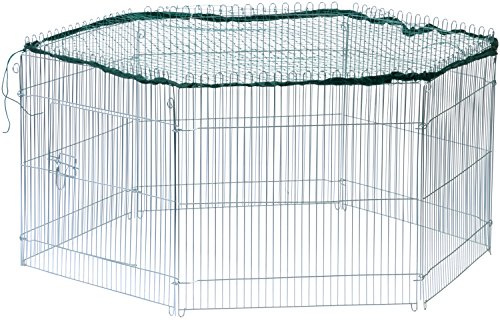 dobar® 80614 Freilaufgehege 6-eckig verzinkt aus Metall mit Nylon Netz - Kaninchengehege für Jungtiere für draußen - Nagergehege wetterfest 123 x 106 x 60 cm - Silber