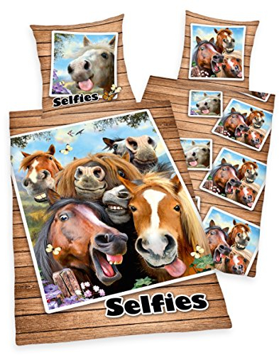 Herding Bettwäsche Selfies Pferde, Kopfkissenbezug 80x80cm, Bettbezug 135x200cm, mit Marken-RV, Renforce