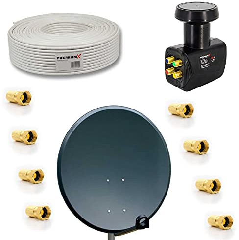 Premium X Satelliten-Komplettanlage 80cm Satellitenschüssel Aluminium Anthrazit Quad LNB 50m Kabel F-Stecker, SAT bis 4 Teilnehmer