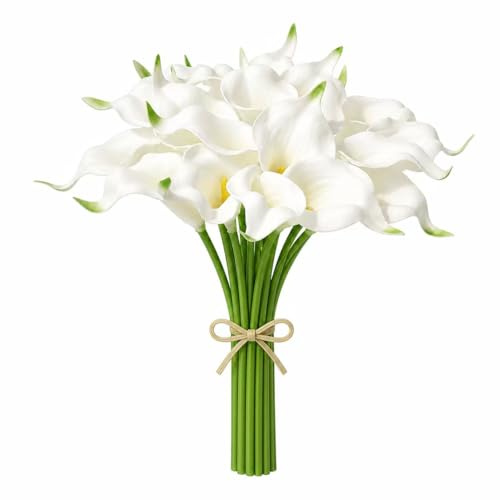 Mandy's White Calla Lily Artificial Flowers, 20 Stems 13.5 PU Realistic Bouquet for Vase, Elegant Home Decor Centerpiece, Wedding Bridal Bouquet, Summer Decoration