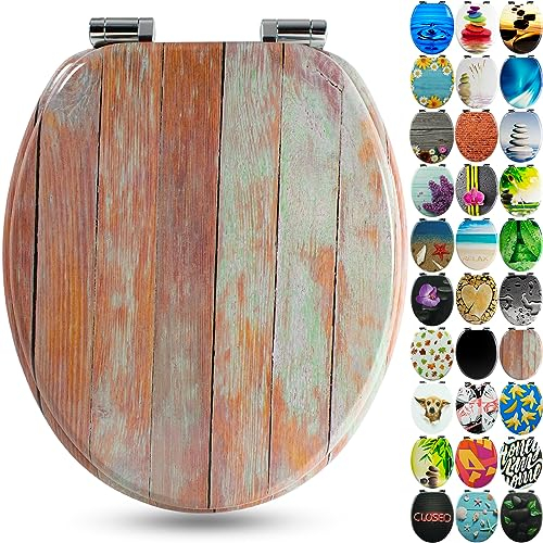SANFINO® Premium WC Sitz mit Absenkautomatik – hochwertige Toilettendeckel aus Holz, viele bunte Motive, hoher Sitzkomfort, einfache Montage inklusive Montageanleitung – Blue Wood