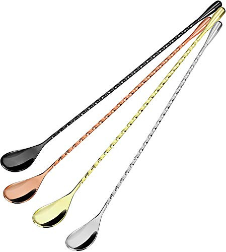 Boao 4 Pcs 12 Inch Cocktail Spoon Coffee Spoons Bar Stirring Spoon Long Handle Stainless Steel Cocktail and Coffee Mixing Tool for Homemade Barista/bartender (Silver,Gold,Rose Gold,Black)