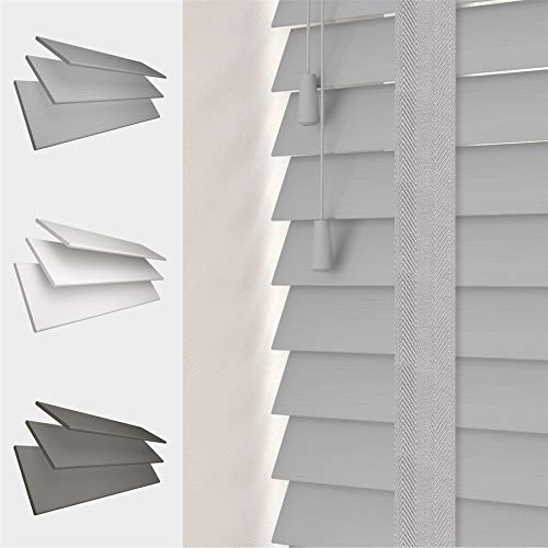 FAUX WOOD GRAIN VENETIAN BLINDS 50MM SLATS TRIMMABLE EASY FIT OFFICE HOME [Light Grey, 180cm Width x 120cm Drop, Tape]
