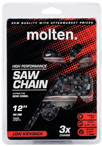 MoltenSales 12 Inch Chainsaw Chain .375 .043 45DL Replacement for 20 Volt Dewalt DCCS620P1, Black & Decker LCS1240 40 Volt, Craftsman CMCCS620M1 20 Volt, Oregon R45 (3 Chains)