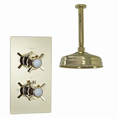 ENKI SH0261 Edward Traditional Crosshead and White Details Concealed Thermostatic Shower Set Ceiling Fixed 8 Shower Head - Gold (1 Outlet)