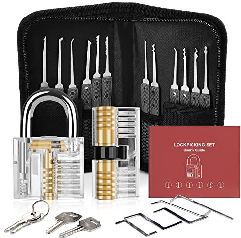 Diyife Kit de Crochetage Serrure 26 Pièces, Lock Picking Kit Outils de D’entraînement avec 2 Serrure Transparente, Poignée en Silicone Confortable, pour Serruriers Débutant et Pro (Noir)