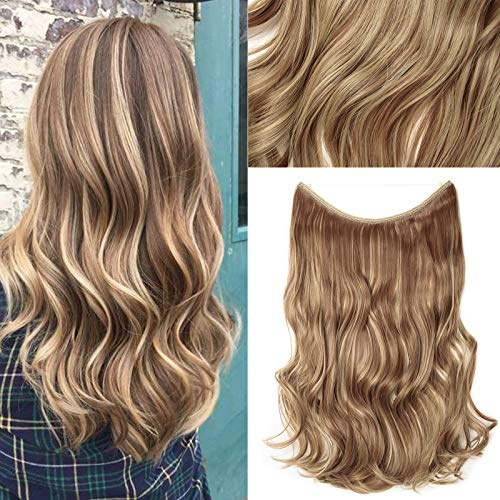 Haarverlängerung mit Gummiband, Silk-co Gewellte Extensions mit unsichtbare SchnurSynthetisch Haarteil wie Echthaar, Haarverdichtung Haar Extensions für Frauen, Hellbraun & Blond, 50cm