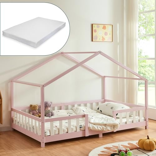 [en.casa] Kinderbett Treviolo mit Matratze 90x200 cm Rosa/Weiß | Hausbett, Holzbett für Kinder, mit Rausfallschutz, Montessori, Bettgestell mit Lattenrost, Kiefernholz