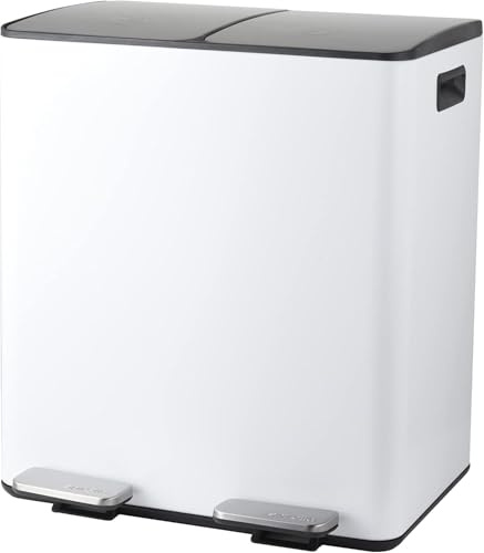 Spirella – 40-Liter-Küchenabfalleimer (2 x 20 Liter) mit Pedalantrieb – Modell Aliya – Gebürsteter Edelstahl – Deckel mit Soft-Close-Funktion – Herausnehmbare Eimer – Seitliche Griffe – Mattweiß