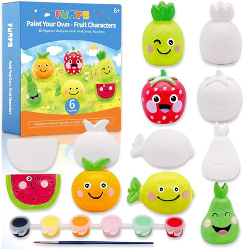 Funto Kit di pittura dei propri frutti, set di arti e mestieri da 13 pezzi per bambini, progetto STEAM di attività creativa giocattoli DIY con 6 figurine, 6 contenitori di pittura, 1 pennello