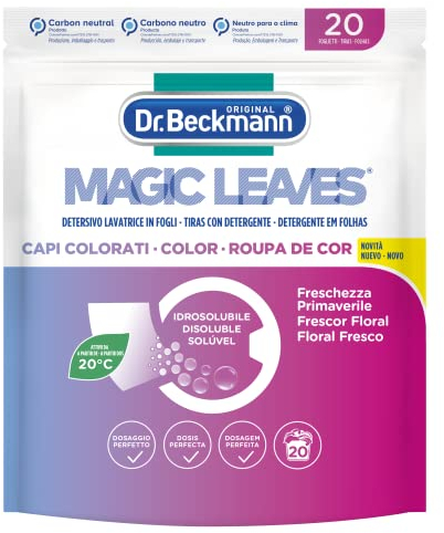 Dr. Beckmann MAGIC LEAVES Detersivo Lavatrice in fogli CAPI COLORATI | Facile da usare, facile da riporre & da trasportare | 20 fogli