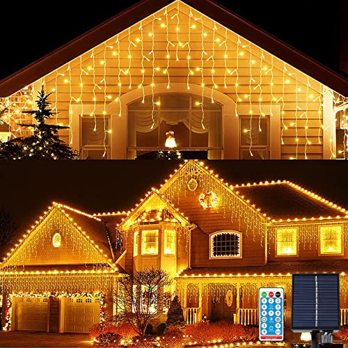 Solar Lichtervorhang Außen,KINGCOO Wasserdicht 3M 128LED Eisregen Vorhang Solar Lichterketten Fernbedienung 8Modi Innen Weihnachtsbeleuchtung für Garten Balkon Hochzeit Wanddekorationen(Warmweiß)