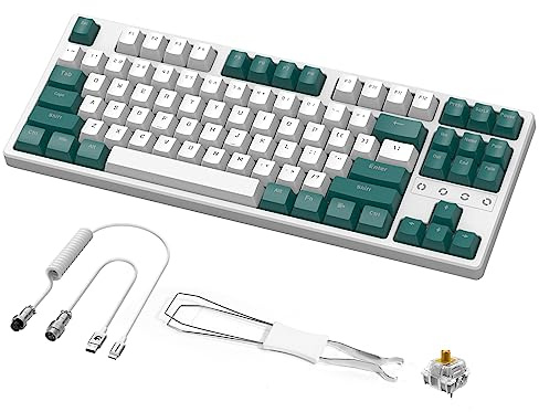 Clavier de jeu sans fil et câble USB C enroulé personnalisé, triple mode 2,4 GHz/BT 5.0/USB-C, clavier mécanique TKL remplaçable à chaud, commutateurs jaunes, rechargeable 3000 mAh pour PC, PS5, PS4