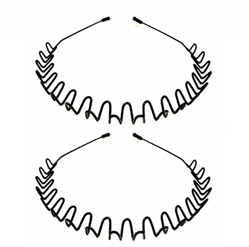 2 x Metall-Stirnband, modisch, gewellt, schwarz, Haarreifen, glatte Rückseite, elastisch, rutschfest, für Outdoor-Sport, Stirnbänder für Männer und Frauen, Unisex