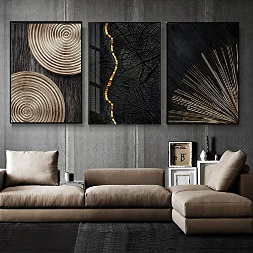 HEHGVCF 3 Stück Schwarz Golde Leinwandbild Jahresringe Bilder Set Wandbilder Gold Wanddekoration Wand Leinwandbilder Bild Wandkunst,Ohne Rahmen (C,50 x70cm)