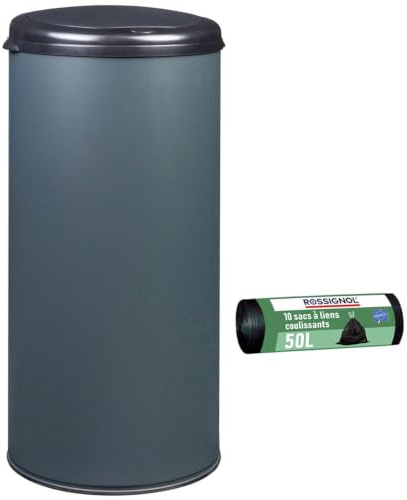 ROSSIGNOL Poubelle de cuisine et 10 sacs-poubelle. Capacité 45L, Fabrication française, Poubelle à ouverture par pression, Collerette support sac HANDTOUCH