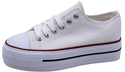 PASARELA - Zapatillas/Bambas de Lona con Plataforma para Mujer Lona Mujer Color: WHITERED Talla: 36