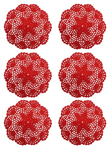 Ouyatoyu 6 x 20,3 cm Deckchen, Stoffspitze, Häkeldeckchen, Platzsets für Küche, rund, handgefertigt, Baumwolle, Platzsets für Glasschale, Geschirr, Esstisch, Rot