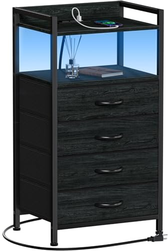 Furnulem Night Stand with Charging Station, Black Nightstand with Drawers and Led Light, Tall Dresser for Bedroom, Bedside Table with Fabric Storage Bins, Metal Frame, Wood Furniture