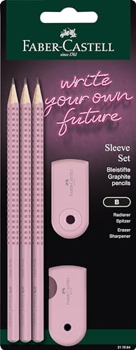 FABER-CASTELL 217084 - Bleistifte Set Sleeve, mit Spitzer, Radiergummi und 3 Bleistifte, Schreibset Grip 2001 rose shadows