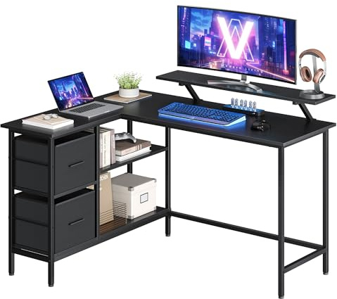 VASAGLE Escritorio en Forma de L, Esquinero, con 2 Amplios Cajones, Mesa con Soporte para Monitor, para Esquina, con Estante Ajustable, para Oficina Casa, Negro Ébano LWD098B56