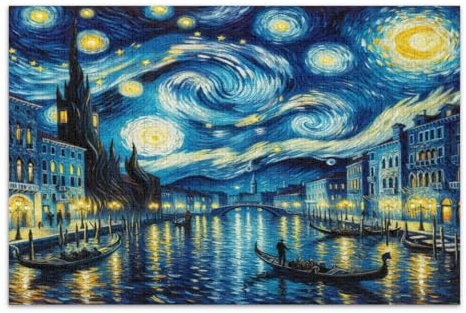 Venedig Sternennacht Ölgemälde Puzzles für Erwachsene 1000 Teile Lustiges Spiel für Männer Frauen Coole Puzzles, Fertige Größe 20,5 x 14,9 Zoll
