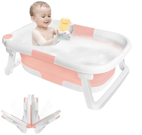 OHMG Faltbare Badewanne für Kinder, Babybadewanne, tragbar, multifunktional, mit Ständer, mit Anti-Rutsch-Matte und Ablaufloch