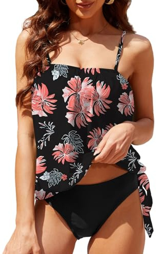 CheChury Costume da Bagno 2 Pezzi Tankini Set Donna Costume Due Pezzi Curvy Tankini Taglie Forti Bagno Costumi Mare Stampa Floreale Costumi da Bagno Controllo Pancia Tankini Push up Swimwear Sportivo
