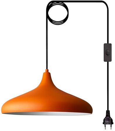 bamyum Champion Hängelampe Orange mit Stecker 35 cm, Pendelleuchte, Hängeleuchte Metall 450 cm Kabel Schalter EU, Steckdosenlampe, Küchenlampe