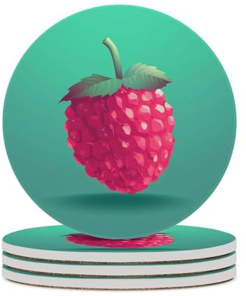 Himbeeren-Untersetzer, saugfähig, Keramik-Stein, Getränkeuntersetzer mit Halter, Keramik-Untersetzer mit Korkboden, 10,2 cm, Tischschutzmatte für Heimdekoration, Küche, Bar