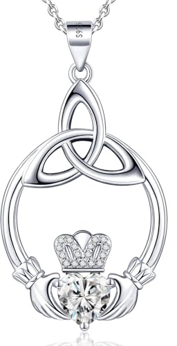 ETERMBOL Birthstone Necklaces for Women 925 Sterling Silver Irish Claddagh Necklace for Women April Heart Birthstone Pendant Necklace Anniversary Birthday Gifts for Wife Lady