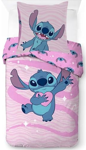 anemone Parure de Lit Stitch, Housse de Couette Disney140x200 cm + Taie d'oreiller 65x65 cm, 100% Coton (Rose)