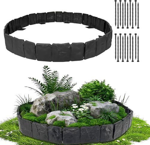 16 Ft Garden Lawn Edging Border,20 Pieces Garden Edging Plant Border With 20 Strong Securing Pegs, Plastic Garden Edging Border For Decor Garden, Lawn. (20, Black)