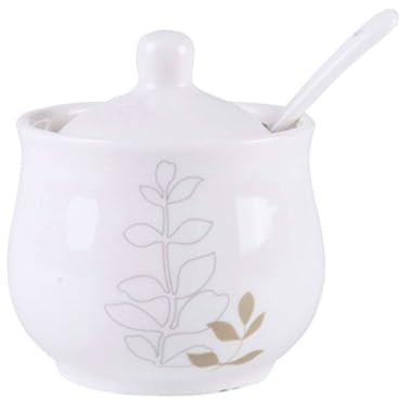 latas de azúcar de cerámica, Azucarero blanco con tapa y cuchara, bote de cerámica for guardar saleros, tarro for especias con patrón dibujado a mano, decoración de cocina, barra de café(White 3)