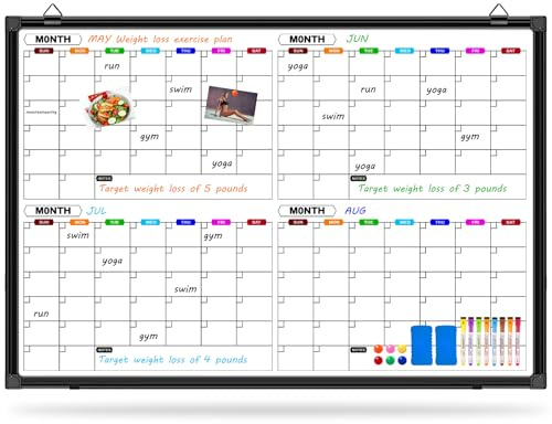 CALENBO 4 Month Dry Erase Calendar for Wall 36 x 24, Magnetic Calendar Whiteboard with Black Aluminum Frame, Magnetic White Board Calendars for Office Home and School