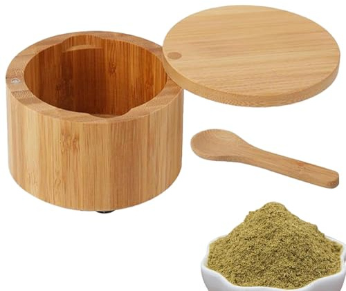 Caja de madera para sal, contenedor de condimentos de madera de acacia con tapa, ahorro de espacio, almacenamiento compacto para cocina, despensa, mezcla sin problemas, (9 x 9 x 6 cm, 160 g)