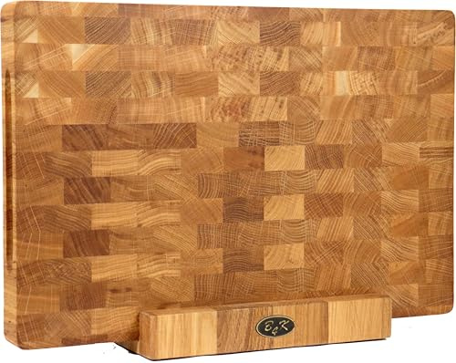 B4K® Planche à Découper avec Support en Chêne - 45 × 30 × 4 cm - Bloc de Hachage Massif - Bois de Bout Antibactérien avec Poignées et Pieds en Silicone - pour la Cuisine