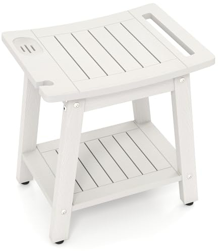 RELAX4LIFE Duschhocker, Badhocker Wasserfest rutschfest, Badezimmerhocker mit Ablage, Duschsitz bis 150 kg belastbar, mit Seifenhalter, Duschkopfhalterung, Handtuchstange, 41 x 31,5 x 43,5 cm, Weiß