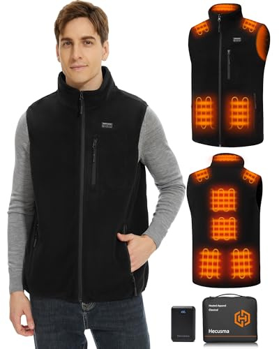 Hecusma Polaire Gilet Chauffant Hommes avec Batterie 16000mAh 7.4V Incluse, Gilet Chauffant Electrique en Polaire pour Hommes pour la Extérieur Chasse, Le Ski-2XL