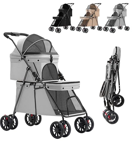XUANYU Poussette Double Animaux de Compagnie, Voyages Transporteur pour Petits Chiens Chats, Pliable Portable Landau pour Animaux, Chariot de Transport pour Chiens et Chats (Gris 50 x 67 x 95 cm)