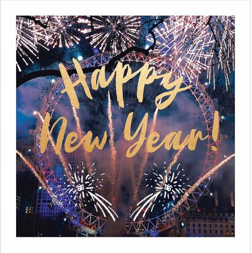 Woodmansterne Happy New Year Card - London Eye Fireworks Design - Foil Finish - New Years Greeting Card for Family or Friends