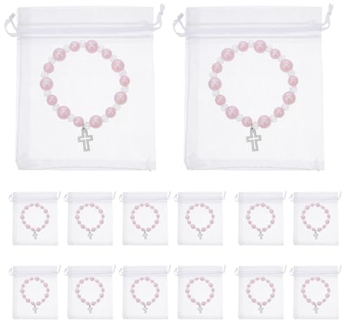 Parliky Set Bomboniere Religiose Cristiane 40 Pezzi, Braccialetti Rosario con Crocifisso Argento e Sacchetti Organza 10x12 Cm, per Battesimo, Comunione e Cresima Bambine
